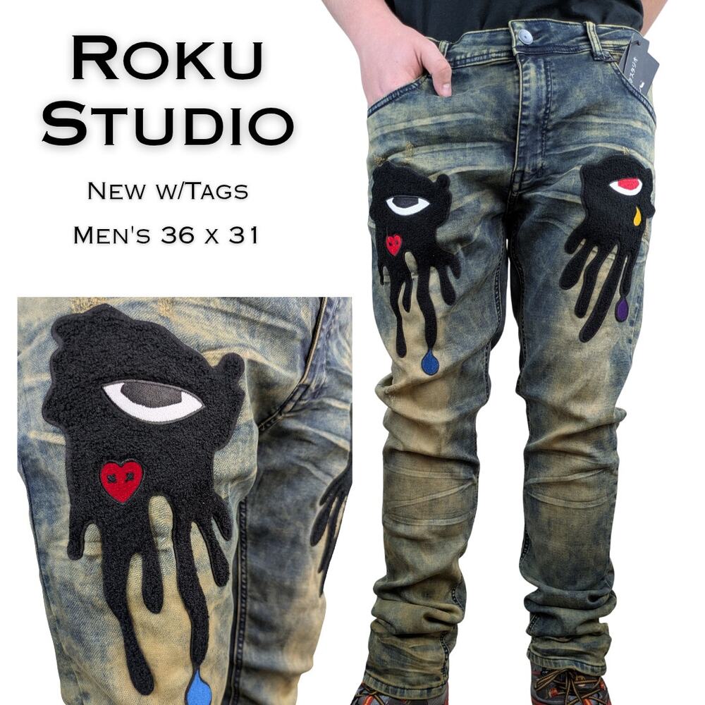 Roku Studio Jeans 36 X 31 Blue Yellow Acid Wash Graphic Patch Streetwear NEW